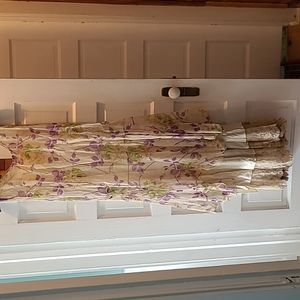 1930s dress. Very sheer floral over long slip with hand made lace.